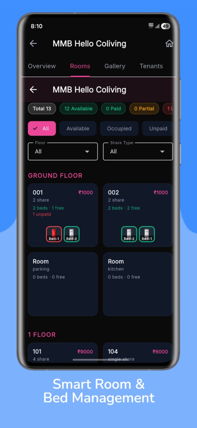 My PG Hub app — room and bed management